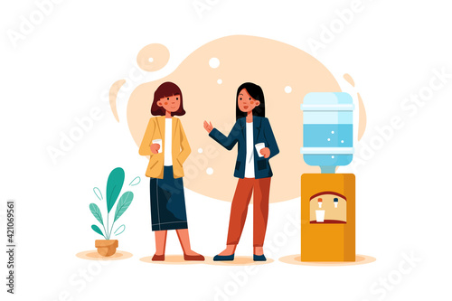 Office cooler chat. Young female workers having informal conversation around a water cooler at workplace, colleagues refreshing during a break