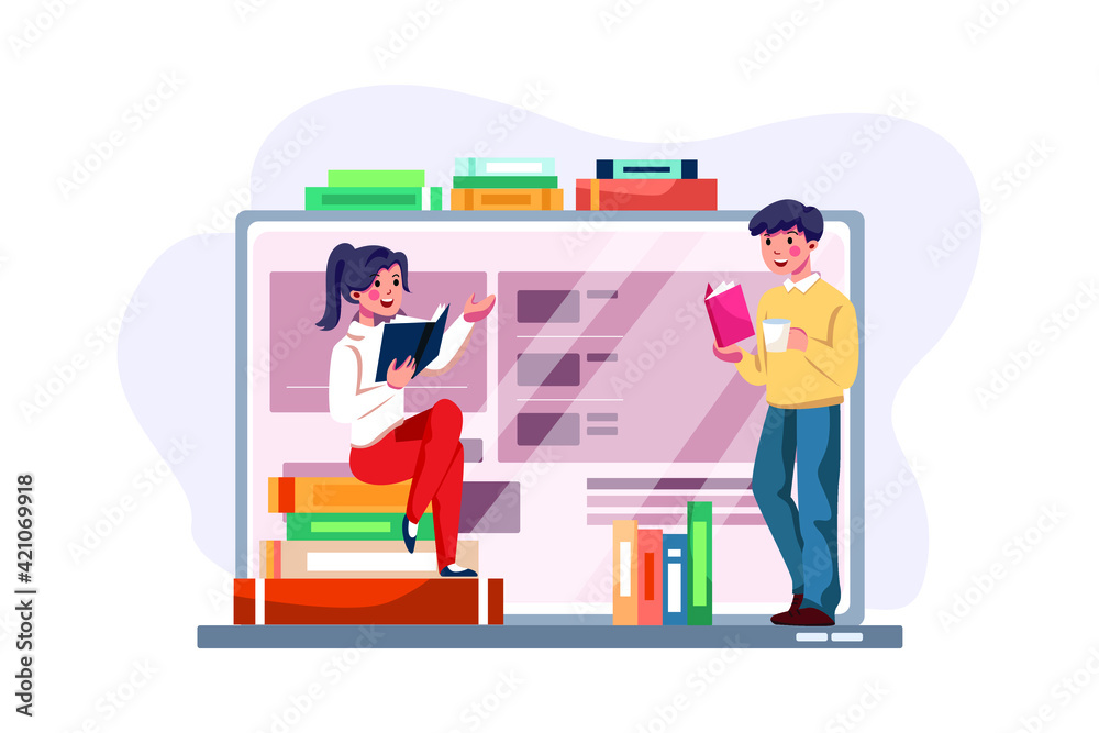 Online course with a lot of books and people Online course with a lot of books and people