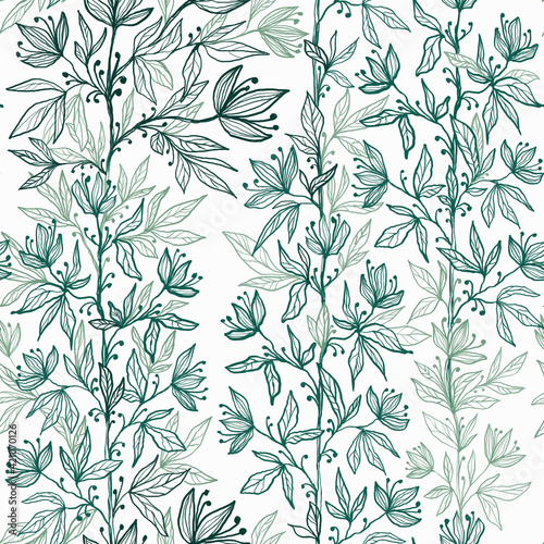 Seamless pattern with green linear plants with flowers on white
