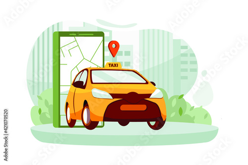 Smartphone with route and points location on a city map on the urban landscape background.
