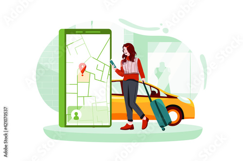 Tourist with a suitcase using a mobile ride hailing app to order a car, location shown on the screen of the phone
