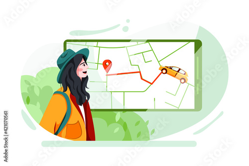 Model look woman tracking the taxi called by a mobile phone app