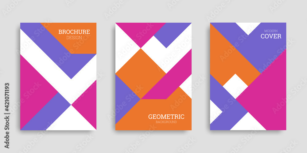 Abstract geometric background. Set of A4 vertical brochures. Cover design in flat style. Vector illustration. Business template collection. Design poster, cover, wallpaper, notebook, catalog.