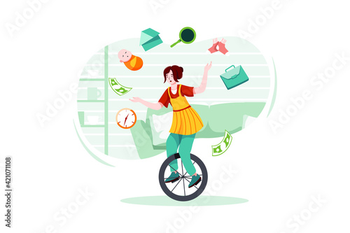 Circus woman on 1 wheel with dozens of jobs.