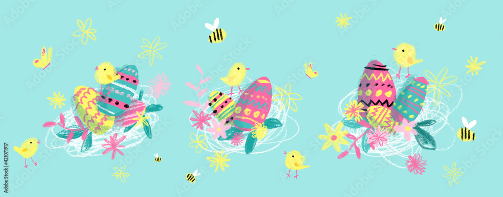 Easter eggs and easter chicks, spring, illustration