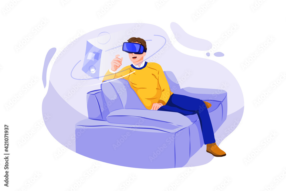 Man sitting on sofa at home wearing Virtual Reality headset Man sitting on sofa at home wearing Virtual Reality headset