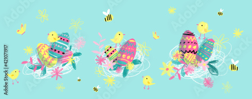Easter eggs and easter chicks  spring  illustration