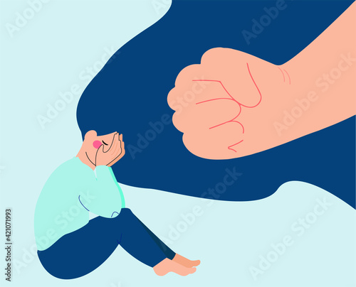 Girl crying scared because of abuse. Stop bullying women card. Depressed young female flat character. Abuse children concept. Stop gender violence concept. mental disorder problem. Vector illustration