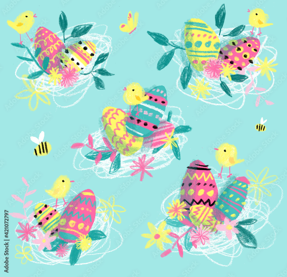 Easter eggs and chicks, spring illustration