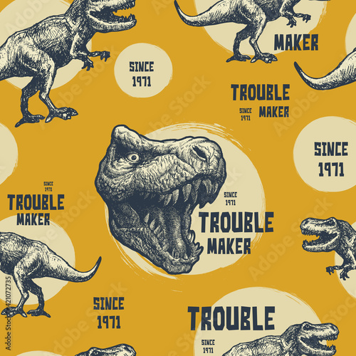 Vintage typography t-shirt graphics with trex. Vector seamless background.