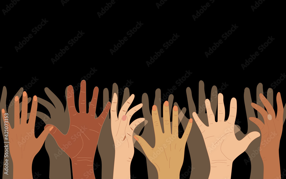 Obraz premium Hands of people with different skin colors, different nationalities and religions. Activists, feminists and other communities are fighting for equality. Black background. 
