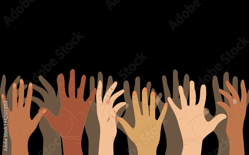 Hands of people with different skin colors, different nationalities and religions. Activists, feminists and other communities are fighting for equality. Black background. 