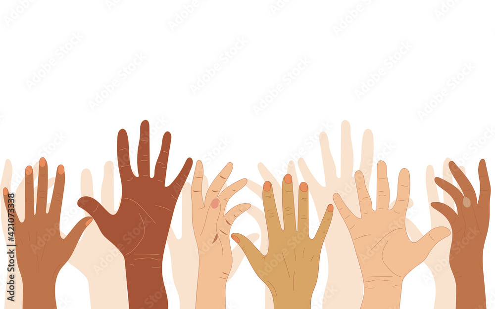 Hands of people with different skin colors, different nationalities and religions. Activists, feminists and other communities are fighting for equality. White background. 