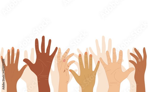 Hands of people with different skin colors, different nationalities and religions. Activists, feminists and other communities are fighting for equality. White background. 