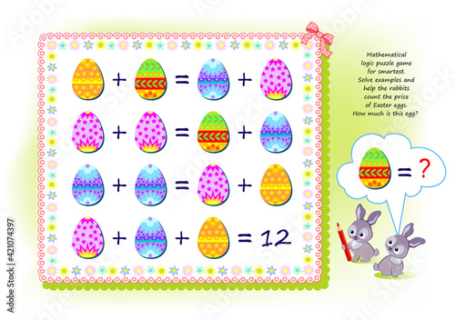 Mathematical logic puzzle game for smartest. Solve examples and help the rabbits count the price of Easter eggs. How much is this egg? Brain teaser book. Memory training exercises for seniors.