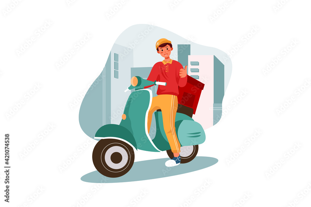 Motorbike delivery man wearing red uniform and ready to send food