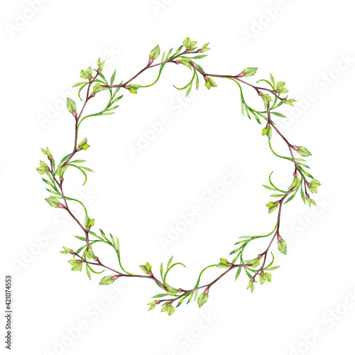 Spring, summer plant wreath of forest blossom branches with green buds and grass. Delicate round frame. Wedding invitation card decor. Watercolor hand painted isolated elements on white background.