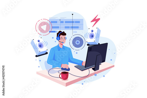Sound designer or videographer working on his project. Movie editing and sound production vector illustration.
