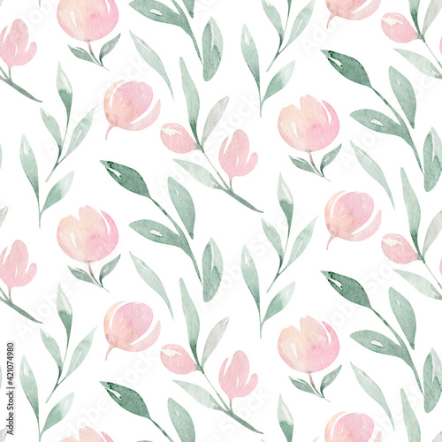 Spring bird seamless pattern on blooming branch with green leaves and flowers. Watercolor wallpaper backgraund wedding invitation card blossom painting. Hand drawn pink wreath design.  © kris_art