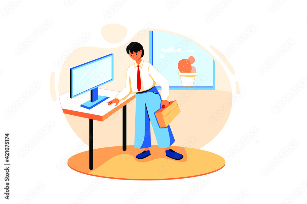 Marketing Analysis. An employee holding a briefcase standing next to the computer screen Marketing Analysis. An employee holding a briefcase standing next to the computer screen