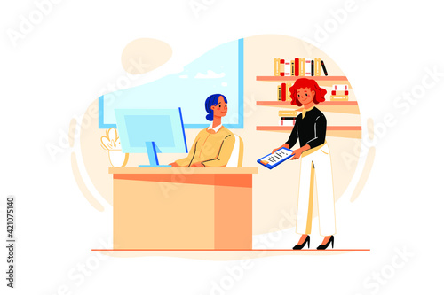 Employee enters the room and gives the contract. An employee enters the room and gives the contract paper or document to the manager © freeslab