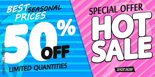 Hot Sale 50% off, poster design template, great Summer offer banner, vector illustration