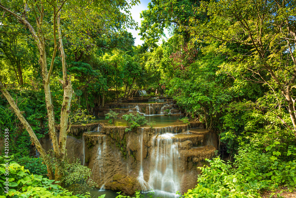 Waterfalls in the tropical rain forest call is Huay Mae Khamin Waterfall , Kanchanaburi Provice , Thailand