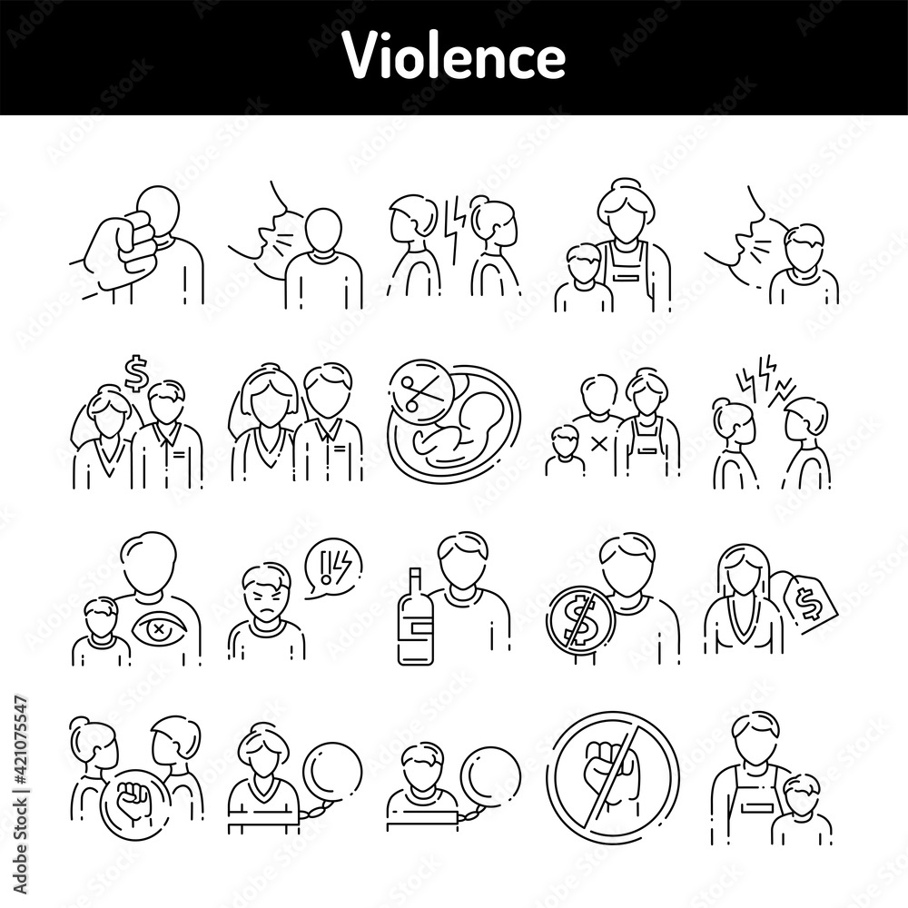 Violence color line icons set. Harassment, family abuse and bullying. Violence color line icons set. Harassment, family abuse and bullying.