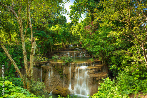 Waterfalls in the tropical rain forest call is Huay Mae Khamin Waterfall   Kanchanaburi Provice   Thailand