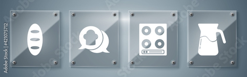 Set Jug glass with water, Gas stove, Chef hat in speech bubble and Bread loaf. Square glass panels. Vector