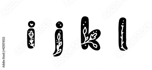 Vintage floral bold Letters i j k l logo spring. Classic Summer Letter Design Vectors with Black Color and Floral Hand Drawn with monoline pattern
