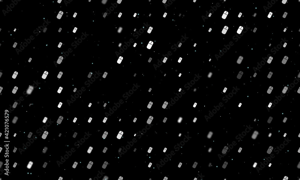 Seamless background pattern of evenly spaced white computer mouse symbols of different sizes and opacity. Vector illustration on black background with stars