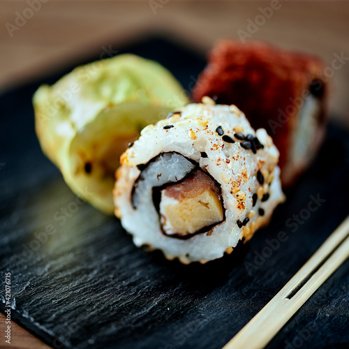assorted sushi nigiri on slate for restaurant