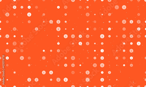 Seamless background pattern of evenly spaced white info symbols of different sizes and opacity. Vector illustration on deep orange background with stars