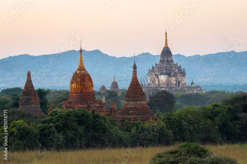 Ancient Buddhist temples at sunset in Old Bagan, Myanmar (Burma).