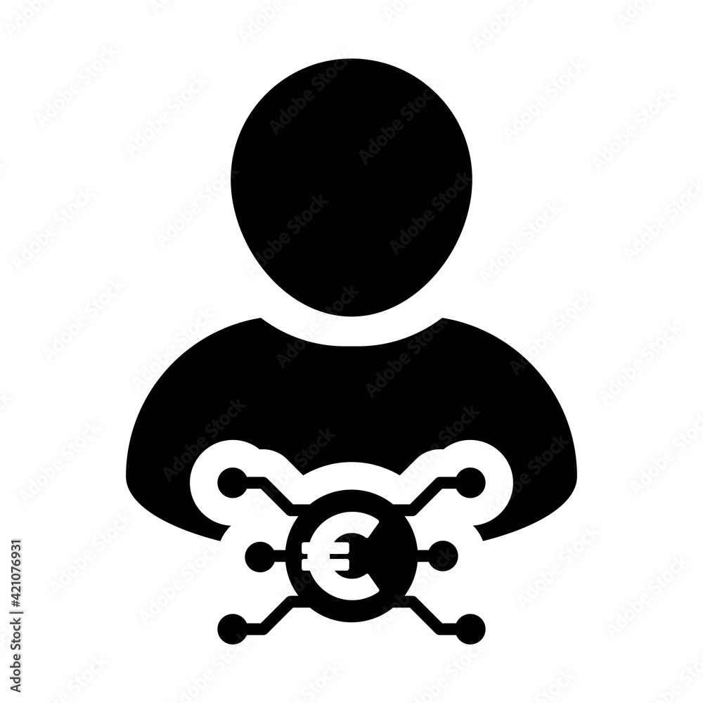Digital currency icon vector euro money symbol with male user person profile avatar for digital currency in a glyph pictogram illustration Digital currency icon vector euro money symbol with male user person profile avatar for digital currency in a glyph pictogram illustration