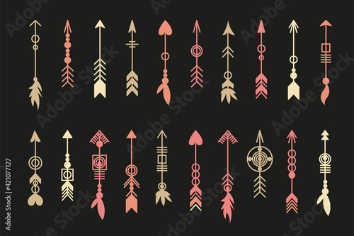 Tribal arrow set. Ethnic vector design collection. Boho elements for tattoo, stickers, t-shirt, bag, clothes.