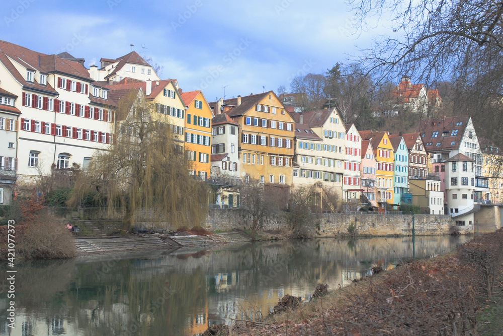 Neckar front in Tübingen, Baden-Württemberg, Germany. Beautiful landscape with colorful houses. 