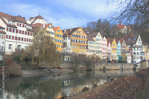 Neckar front in Tübingen, Baden-Württemberg, Germany. Beautiful landscape with colorful houses. 