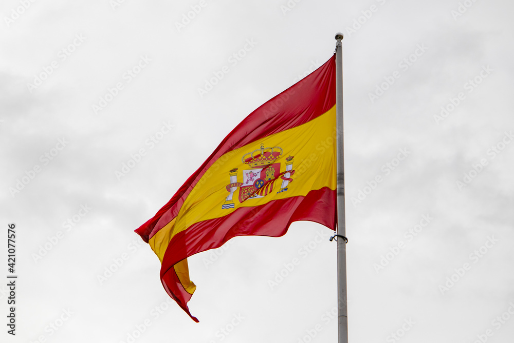 Flag of Spain waving on white sky. Flag of Spain waving on white sky.