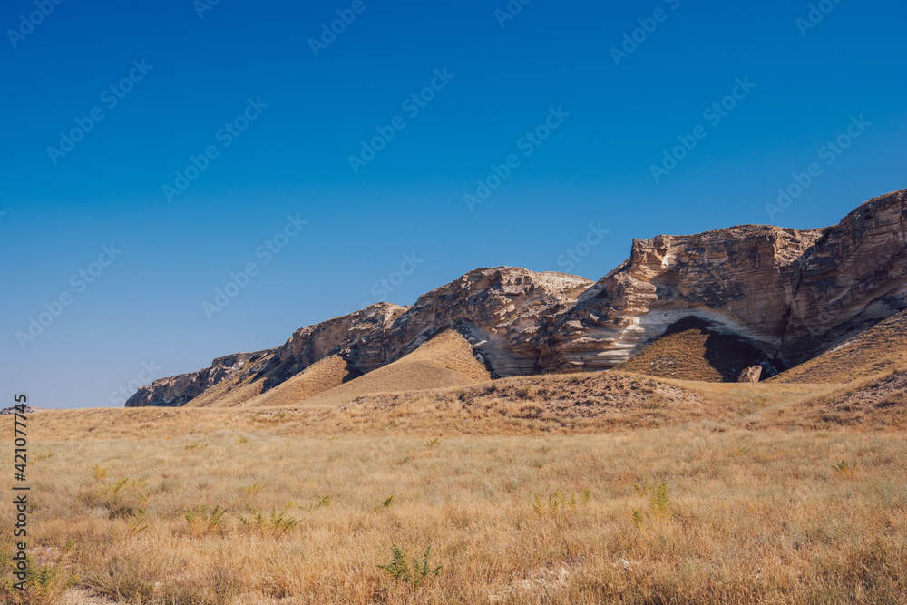 Rocky formations and dry grass in desert