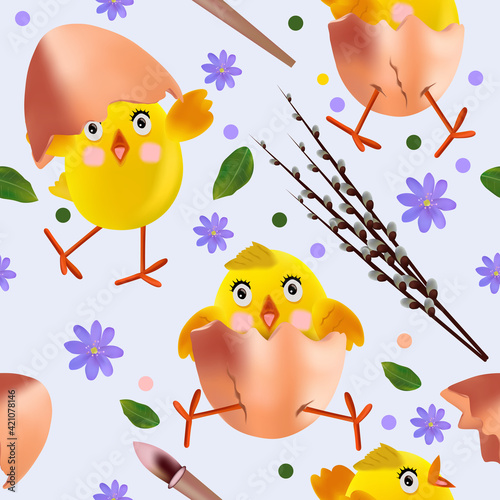 Seamless pattern with Easter chicken, flowers, eggs, green leaf, pussy willow. Cute cartoon chickens for your design textile, wallpapers, fabric, posters. Vector illustration.