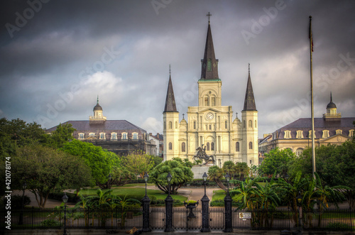 New Orleans  Louisiana  USA at Jackson Square and St. Louis Cathedral in the morning.