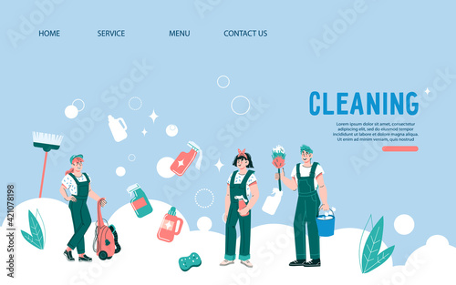 Cleaning service website template with cartoon cleaners, cartoon flat vector illustration on blue background. Web banner or landing page for cleaning company advertisement.