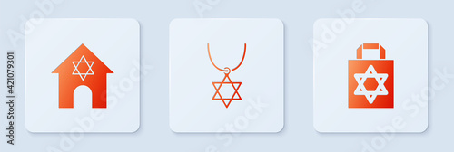 Set Star of David necklace on chain, Jewish synagogue and Shopping bag with star david. White square button. Vector