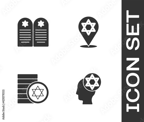 Set Orthodox jewish hat, Tombstone with star of david, Jewish coin and Star David icon. Vector