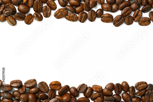 Clipping path roasted coffee beans texture and macro top view edge frame encircle from stripes with copy space for text or logo in menu cafe shop isolated on white background.