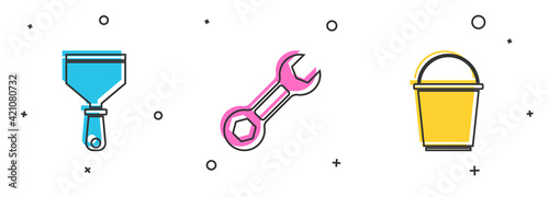 Set Putty knife, Wrench spanner and Bucket icon. Vector