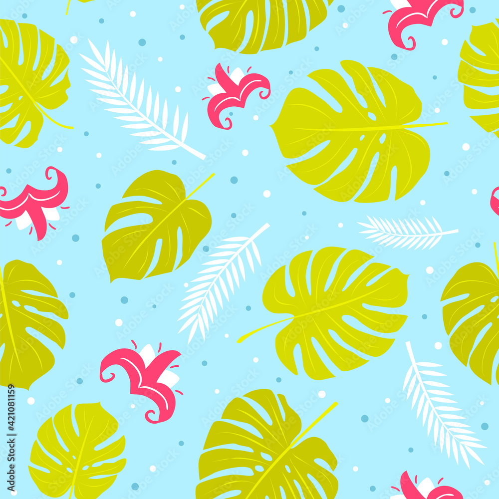 Seamless summer pattern with jungle leaves and flowers. Monstera background. Design with tropical, heat, relaxation, exotic plants and vibrant flowers. Vector illustration