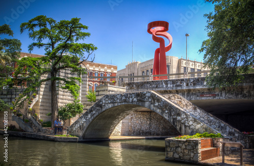 Downtown area bright red colour Torch of Friendship Statue, it´s the friendship between Mexico and the USA.